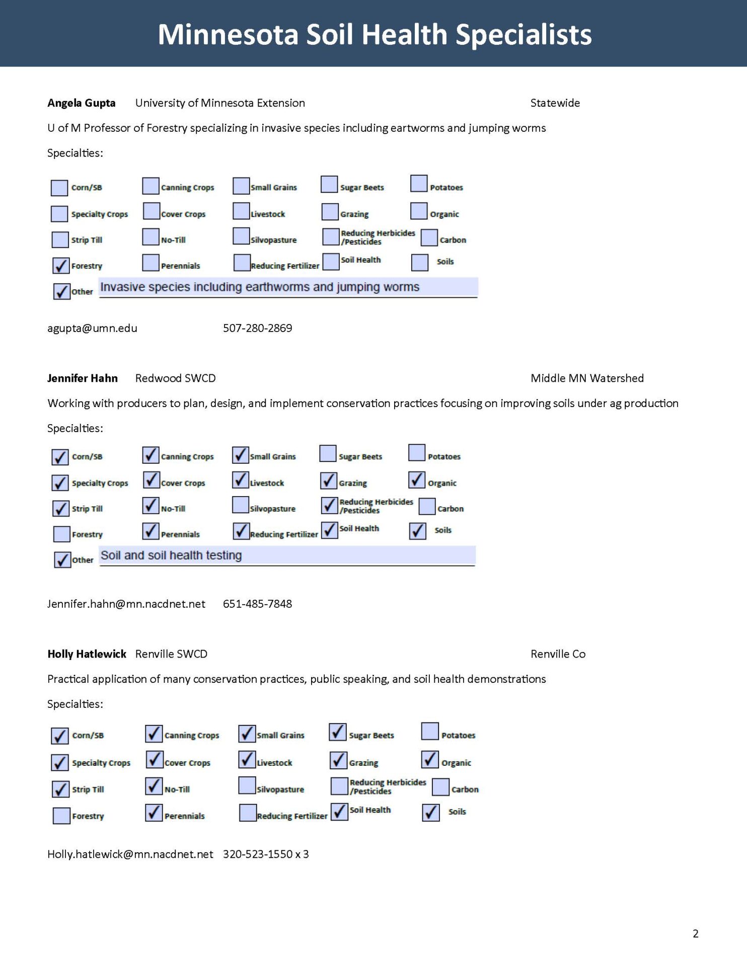 Minnesota Soil Health Specialist List