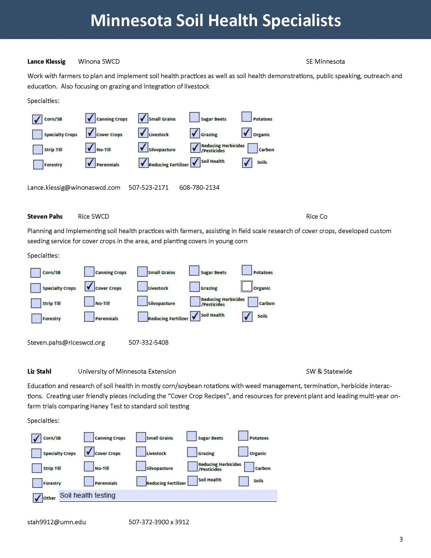 Minnesota Soil Health Specialist List
